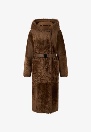 Brown faux fur coat with a hood, belted waist, two front pockets, and button closures. Soft texture with a plush appearance.