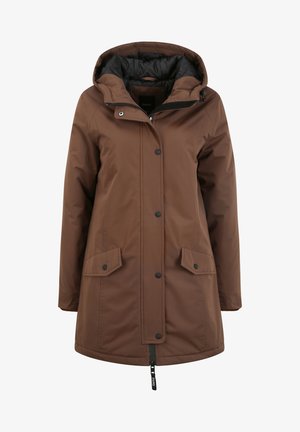 Brun isoleret parka med hætte, der har lynlås fortil, to sidelommer med klapper og sort inderside. Glat stofoverflade.