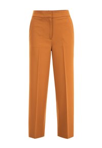 Orange skräddarsydda byxor med platt front, raka ben, sidofickor och utan synliga dekorationer. Slät tygfinish.