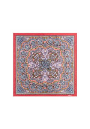 Silk square scarf featuring intricate paisley patterns in blue, purple, and gold on a coral background, with a red border.