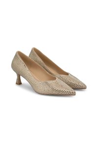 Décolleté a punta con tacco basso in rete nuda, decorate con prominenti strass argentati e un interno liscio beige. Adatte per occasioni formali.