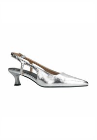 Zilveren metallic slingback schoen met een spitse neus, gebogen hak en uitsnijdingen in het ontwerp. Gladde textuur, elegante silhouet, 5 cm hak.