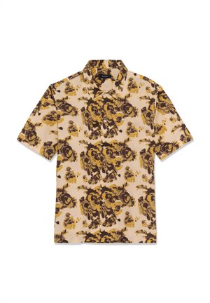 Button-up lyhythihainen paita vaaleanbeigeissä sävyissä, jossa ruskea ja keltainen kukkakuvio; siinä on terävä kaulus ja kangaspinta.