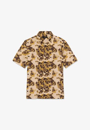 Kergelt beežist kangast lühikeste varrukatega särgi nööbid ees; pruunide ja kollaste lillemustriga, terava kraega.