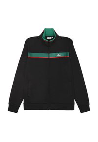 Zwarte zip-up jack met groene en rode horizontale strepen over de borst. Voorzien van een hoge kraag en zijzakken. Gemaakt van gladde stof.