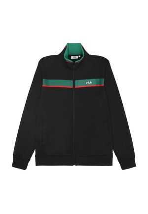 Chaqueta negra con cremallera y franjas horizontales verdes y rojas en el pecho. Cuenta con un cuello alto y bolsillos laterales. Elaborada con un tejido suave.
