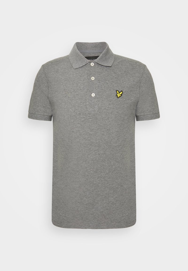 Polo gris à manches courtes avec trois boutons blancs et un petit logo d'oiseau jaune sur la poitrine gauche.