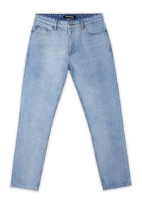 Jeans in denim azzurro chiaro con taglio dritto, cinque tasche e cuciture a contrasto. Texture liscia con una finitura leggermente sbiadita.