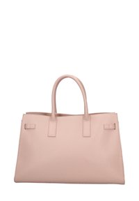 Borsa a tracolla in pelle rosa con due manici corti, forma rettangolare, design minimal e dettagli accentuati sottili.
