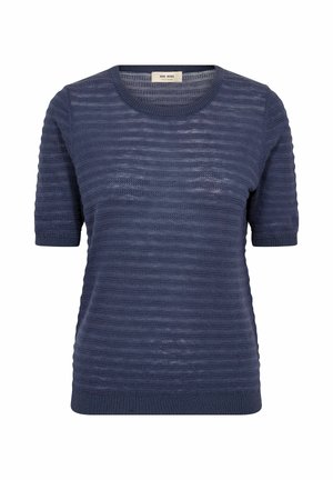 Haut en tricot bleu marine à manches courtes avec des rayures texturées horizontales et un col rond, poignets et ourlet côtelés.