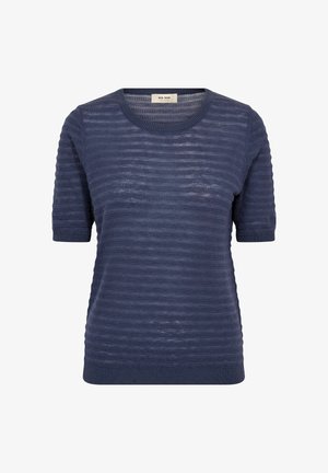 Tengerészkék, rövid ujjú kötött felső vízszintes texturált csíkokkal és kerek nyakkivágással, bordázott mandzsetták és szegély.