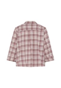 Chemise à manches longues boutonnée avec un motif à carreaux rose et blanc, vue de dos sur un fond blanc.