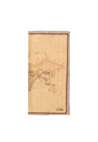 Foulard in seta con una mappa del mondo in stile vintage nei toni del marrone chiaro e beige, con una finitura satinata e un design del bordo a contrasto.