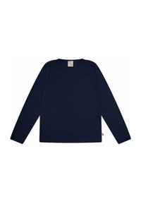 Marineblauwe langslijfshirt van zachte stof met een ronde halslijn en rechte snit. Heeft een klein kleurrijk label aan de onderkant aan de linkerkant.