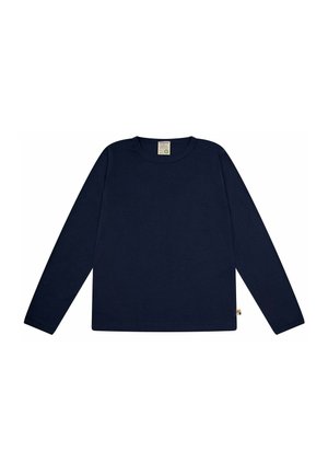 Marineblauwe langslijfshirt van zachte stof met een ronde halslijn en rechte snit. Heeft een klein kleurrijk label aan de onderkant aan de linkerkant.