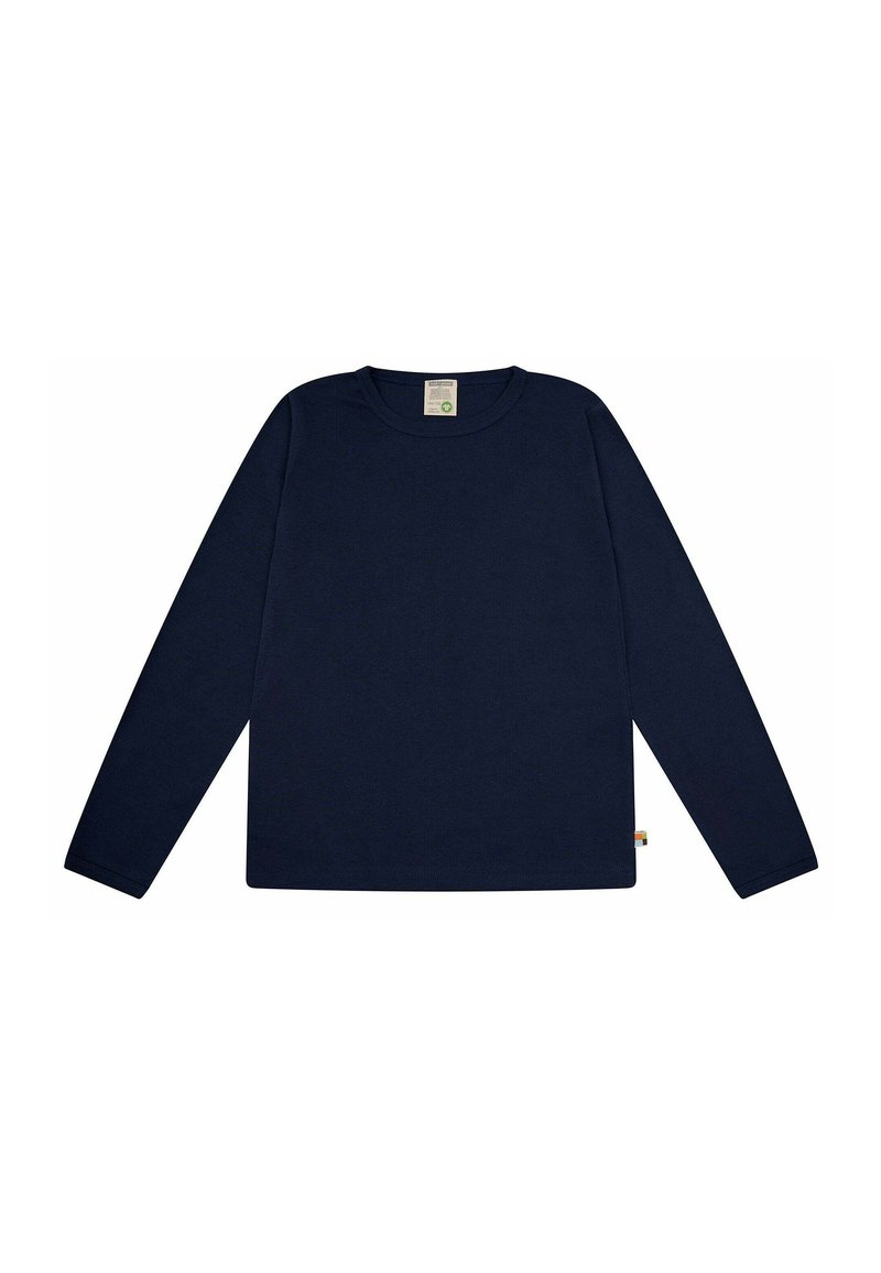 Marineblauwe langslijfshirt van zachte stof met een ronde halslijn en rechte snit. Heeft een klein kleurrijk label aan de onderkant aan de linkerkant.