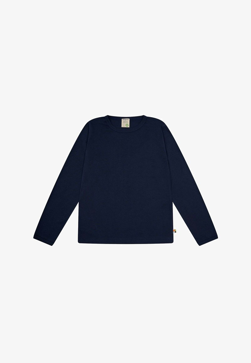 Marineblaues Langarmshirt aus weichem Stoff mit rundem Ausschnitt und geradem Schnitt. Mit einem kleinen bunten Etikett an der unteren linken Seite.