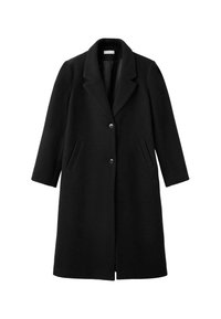 Cappotto di lana nera con colletto a punte, due tasche frontali e chiusura con un bottone. Il design è dritto con maniche a tre quarti.