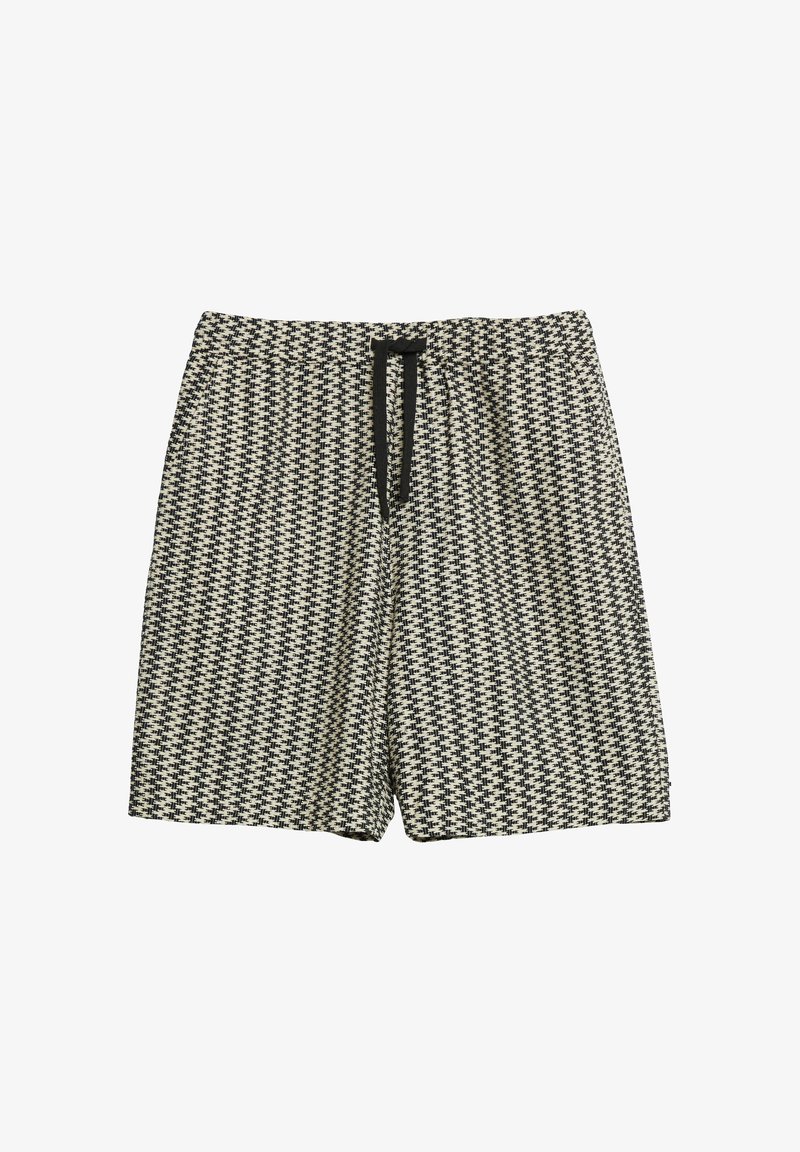 Czarno-białe szorty w wzór pepitki z elastycznym pasem i czarnym sznurkiem na białym tle.