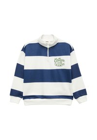 Laivastonsininen ja valkoinen raidallinen vetoketjupusero, jossa on vihreä "College 1938 Champs" -brodeeraus rinnassa. Pehmeä kangas.