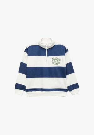 Granatowy i biały sweter z zamkiem, w paski, z haftem "College 1938 Champs" w kolorze zielonym na piersi. Miękka tkanina.