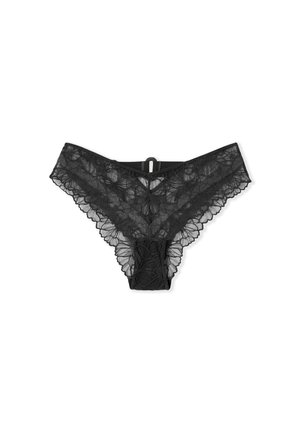 Perizoma da donna in pizzo nero con motivo floreale e bordi ondulati, esposto piatto su uno sfondo bianco.