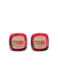 Deux compacts carrés de fond de teint en poudre L'Oréal Infallible 24H Fresh Wear. Chacun a un design rose et noir, avec une finition mate.