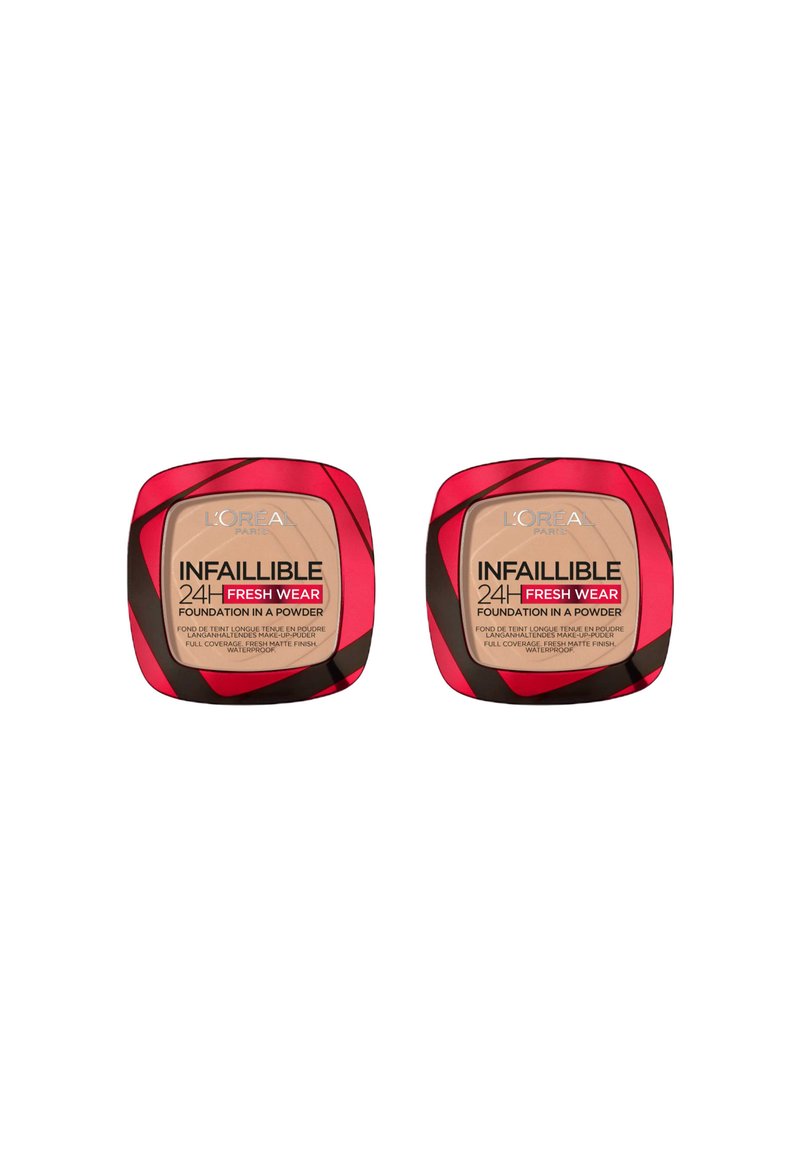Deux compacts carrés de fond de teint en poudre L'Oréal Infallible 24H Fresh Wear. Chacun a un design rose et noir, avec une finition mate.