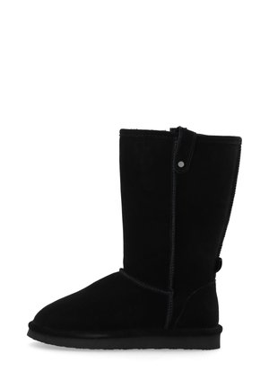 Black mid-calf suede winter boot with flat sole, rounded toe, and stitched detailing along the seams and top edge.