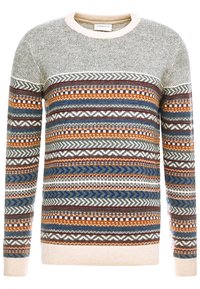 Maglione lavorato a maglia con collo rotondo, motivi geometrici multicolori e parte superiore grigia testurizzata con audaci strisce orizzontali di vari colori.