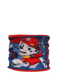 Chauffe-nuque multifonctionnel avec un design bleu présentant un chien cartoon en tenue rouge, accents noirs et détails jaunes. Tissu doux.