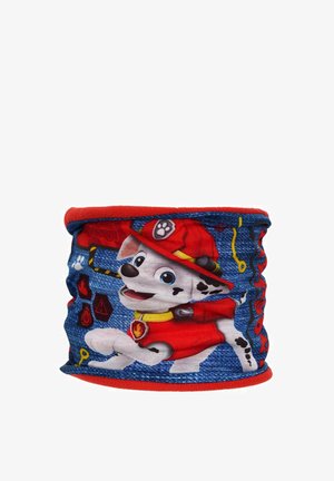 Scaldacollo multi-funzionale con un design blu che presenta un cane dei cartoni animati in un vestito rosso, dettagli neri e gialli. Tessuto morbido.