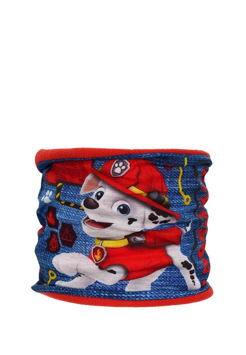 Chauffe-nuque multifonctionnel avec un design bleu présentant un chien cartoon en tenue rouge, accents noirs et détails jaunes. Tissu doux.