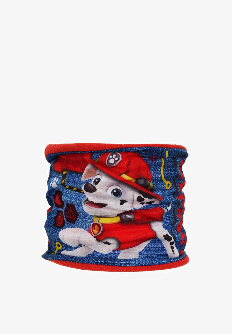 Chauffe-nuque multifonctionnel avec un design bleu présentant un chien cartoon en tenue rouge, accents noirs et détails jaunes. Tissu doux.