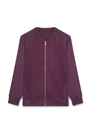 Giacca a zip viola con texture trapuntata sul davanti, maniche lisce e colletto a costine. Presenta una zip dorata e polsini elasticizzati.