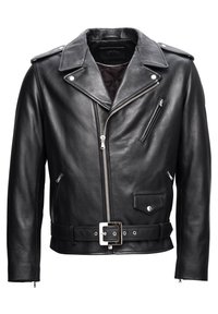 Schwarze Leder-Bikerjacke mit Einkerbung am Kragen, Reißverschluss vorne, mehreren Taschen und einem taillierten Gürtel. Mit silbernen Hardware-Akzenten.