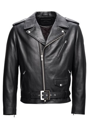 Zwarte leren motorjas met een schuin kraag, rits aan de voorkant, meerdere zakken en een ceintuur in de taille. Kenmerkt zilveren Hardware accenten.