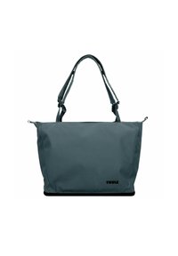 Grand sac fourre-tout gris avec double poignées et bandoulière réglable, doté d'un zip sur le dessus et du logo "Thule" en bas à droite.