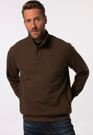 Brauner Pullover-Sweatshirt mit hohem Kragen, drei Knöpfen, Seitentaschen und einem dezenten Logodetail auf der Brust. Weiche Textur.