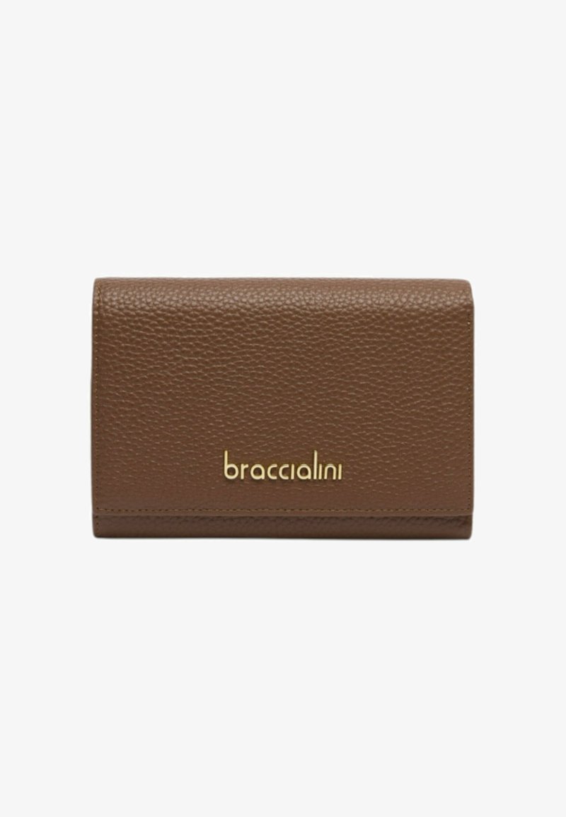 Portafoglio in pelle marrone effetto texture con logo "braccialini" dorato sulla parte frontale. Presenta una forma rettangolare e dettagli cuciti.