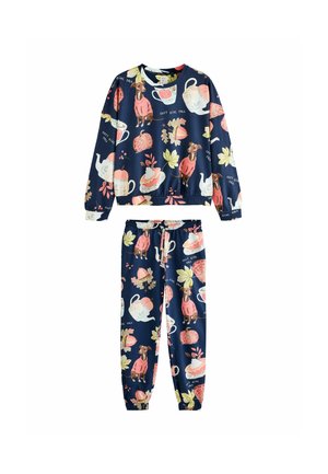 Marineblauw setje met top met lange mouwen en broek met roze opdruk van hond, theekopje, pompoen en blad en tekstpatroon "cosy girl fall".