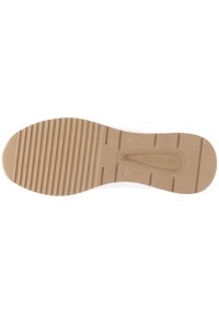 Suola in gomma beige chiaro con scanalature testurizzate per una migliore aderenza; presenta una forma liscia e arrotondata con un logo sottile al centro.