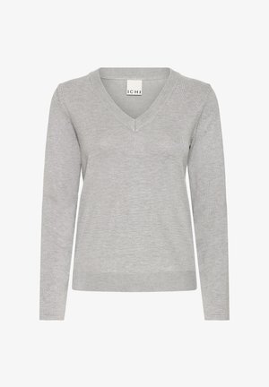 Light grey v-neck sweater with long sleeves, made from a soft knit fabric. Features a ribbed hem and cuffs for added texture and detail.