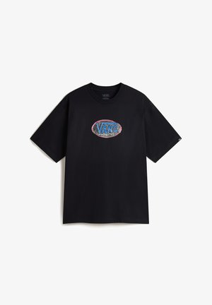 Schwarzes Baumwoll-T-Shirt mit einem bunten Vans-Logo in ovaler Form in der Mitte. Kurze Ärmel und Rundhalsausschnitt. Einfaches Design.