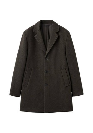 Brązowy płaszcz z mieszanki wełny z wyciętym kołnierzem, trzema czarnymi guzikami i dwoma bocznymi kieszeniami. Posiada gładką podszewkę wewnętrzną.