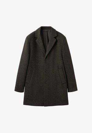 Brązowy płaszcz z mieszanki wełny z wyciętym kołnierzem, trzema czarnymi guzikami i dwoma bocznymi kieszeniami. Posiada gładką podszewkę wewnętrzną.