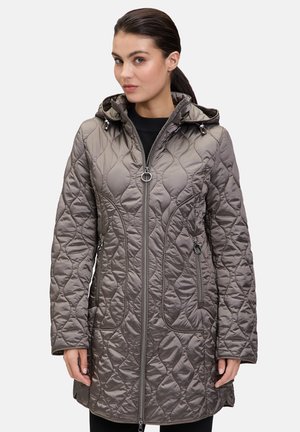 Gequiltete, kapuzenjacke in Taupe, mit einem Frontreißverschluss, seitlichen Taschen und einem strukturierten Muster. Hergestellt aus leichtem, synthetischem Material.