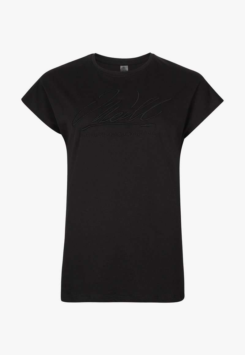 T-shirt noir à manches courtes avec texte en cursive embossé « O'Neill » et « California » sur la poitrine.