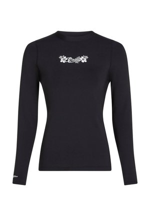 Black long-sleeve top made of stretchy fabric, featuring a white floral logo design on the chest and a fitted silhouette.