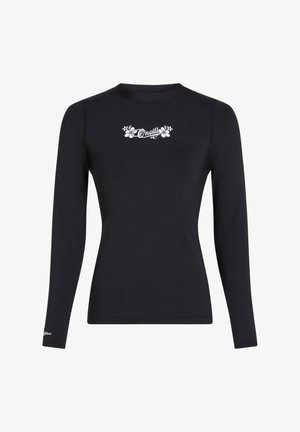 Black long-sleeve top made of stretchy fabric, featuring a white floral logo design on the chest and a fitted silhouette.